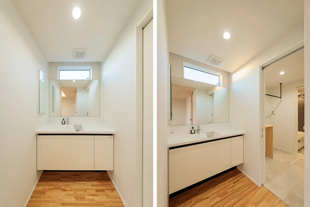 扉ひとつで、脱衣所を切り分けられる洗面台